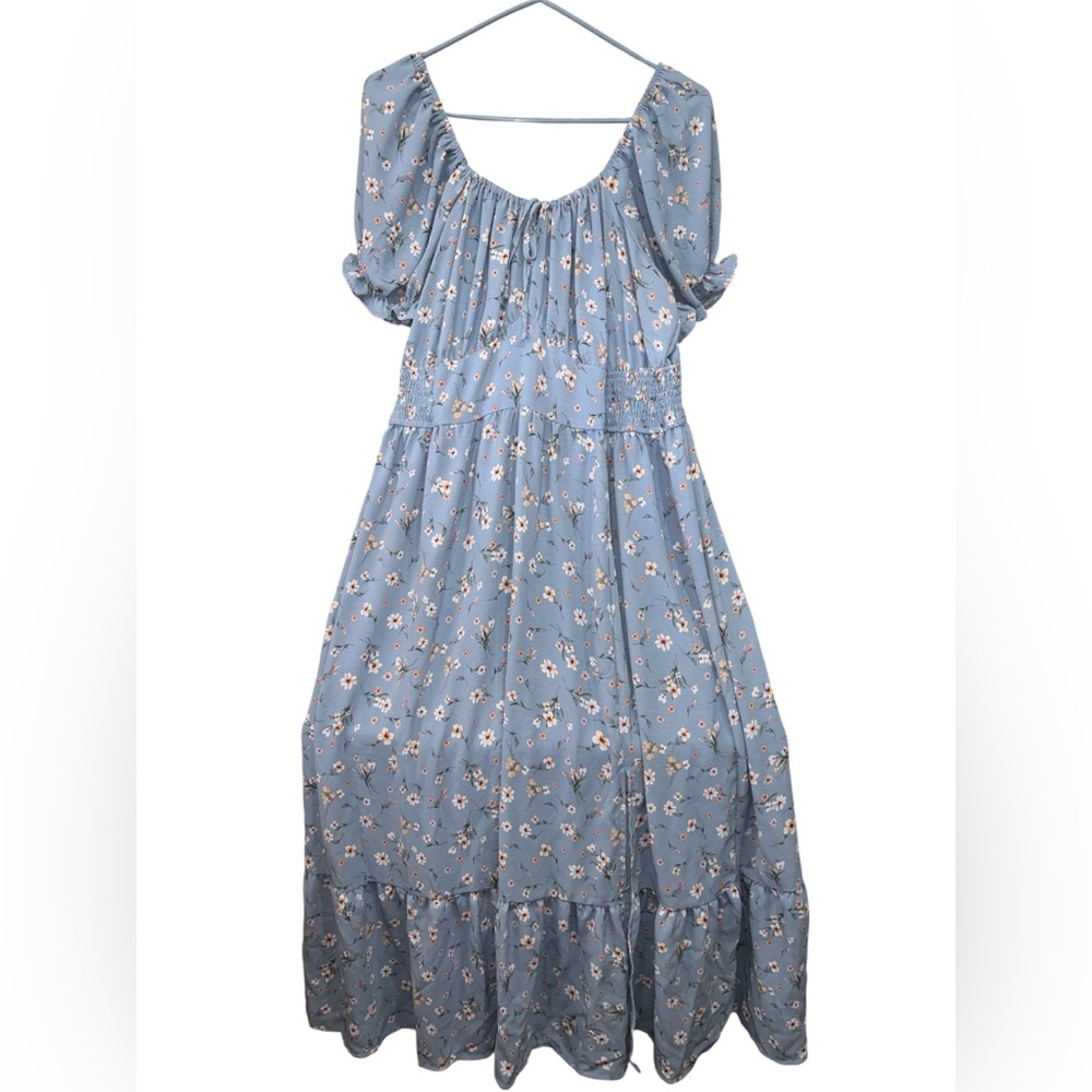 Inspired Hearts Casual Blue White Pink Floral Shirred Split Thigh Midi Dress 2X